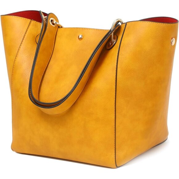 ⚡ Women's Yellow Large Leather Big Bucket Crossbody Travel Tote Bag - Picture 1 of 6